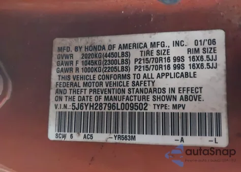 2006 Honda Element Ex-P from USA, damaged, VIN 5J6YH28796L009502